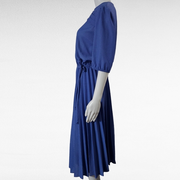 Vintage Laurel Ridge 70s Blue & White Polka Dot Pintuck Pleated Dress Size 15/16 - Picture 2 of 6